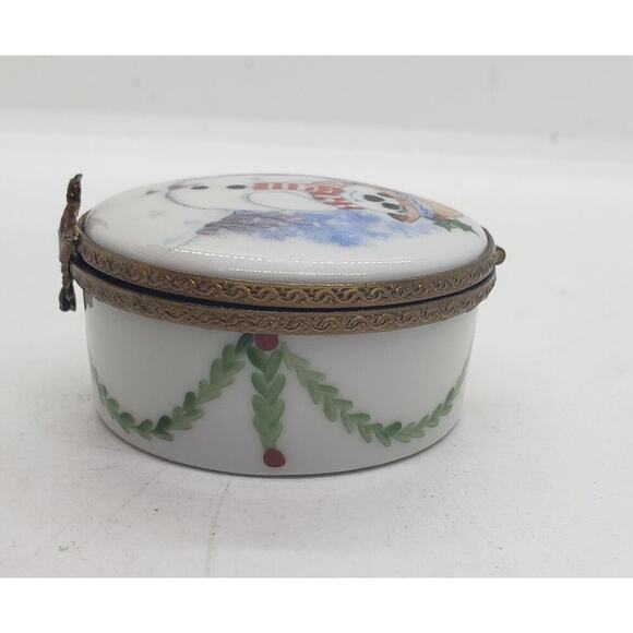 Vintage Limoges Porcelain Trinket Jewelry Box Snowman Holly Christmas Hand Paint - Picture 8 of 14